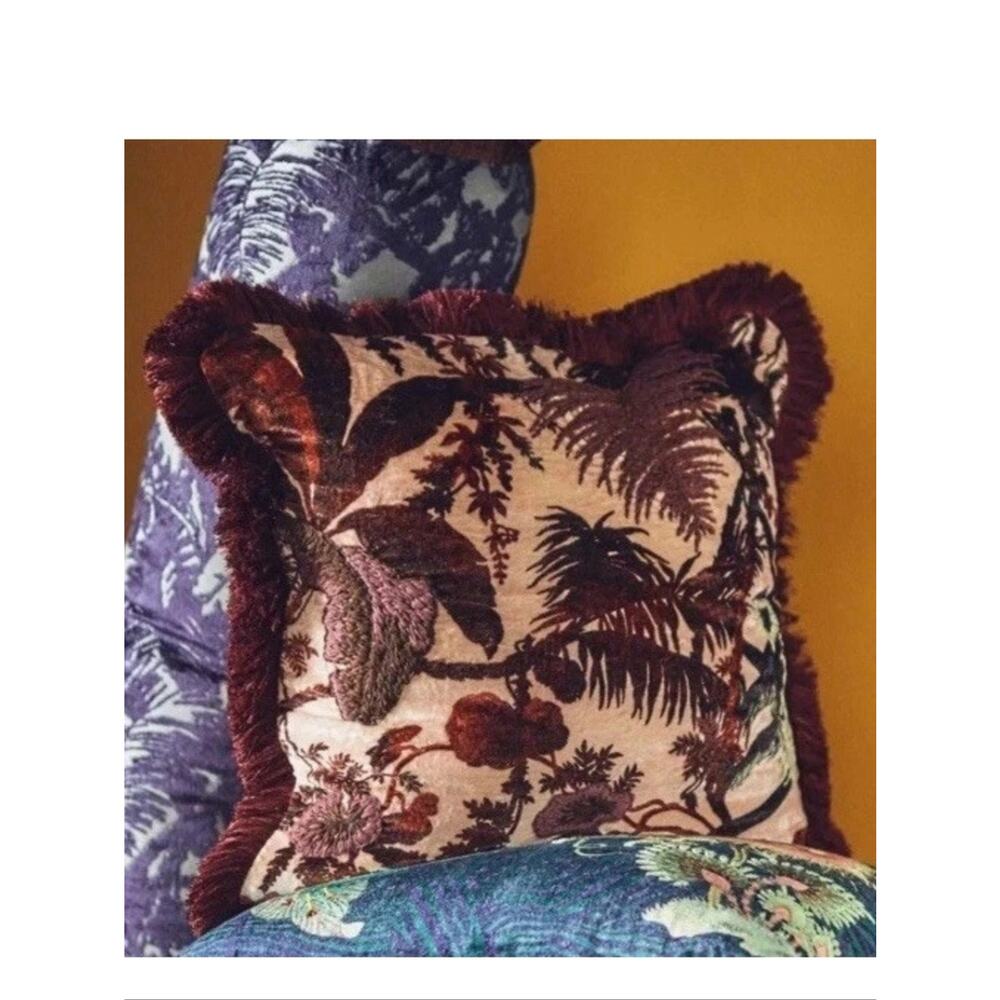 Anthropologie House of Hackney Pampas Velvet Fringed Pillow Plum Pink Square NEW